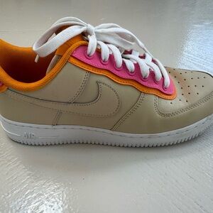 Nike Air Force Ones in Tan, orange and pink